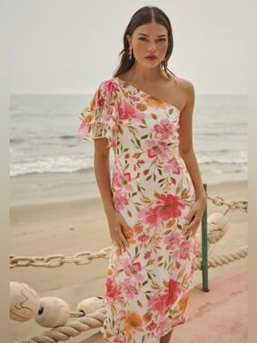 Sugarlips One Shoulder Floral Flowy Ruffle Sleeve Midi Summer Dress